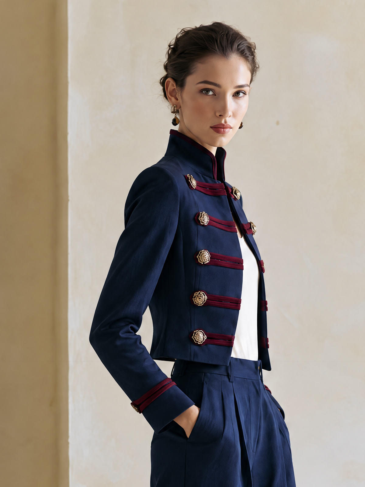 Elegant Navy & Burgundy Contrast Military Jacket With Gold-Tone Double-Breasted Buttons