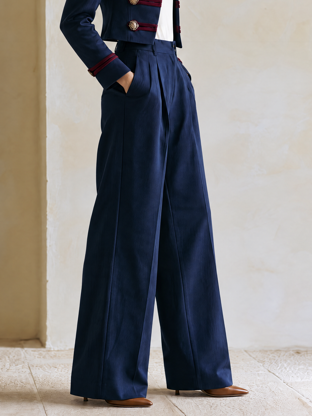 Elegant Navy Tailored High-Waist Wide-Leg Trousers