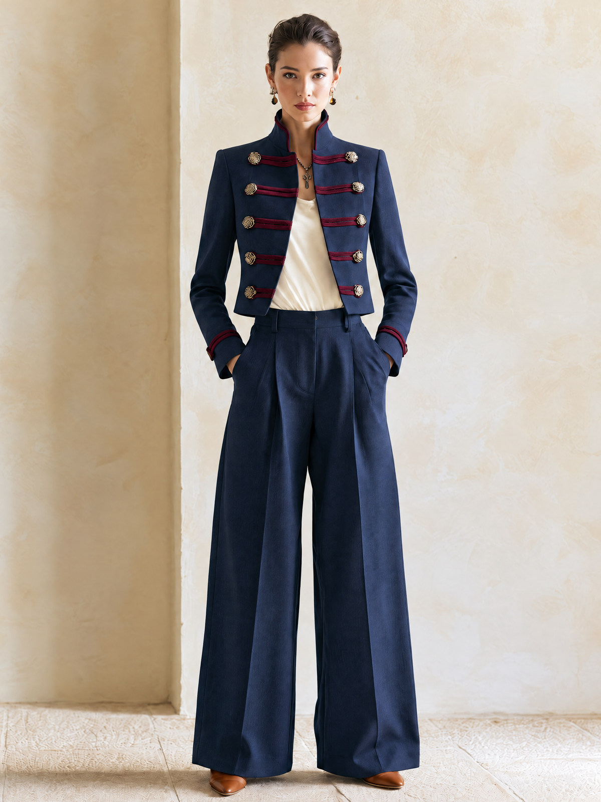 Elegant Navy Tailored High-Waist Wide-Leg Trousers