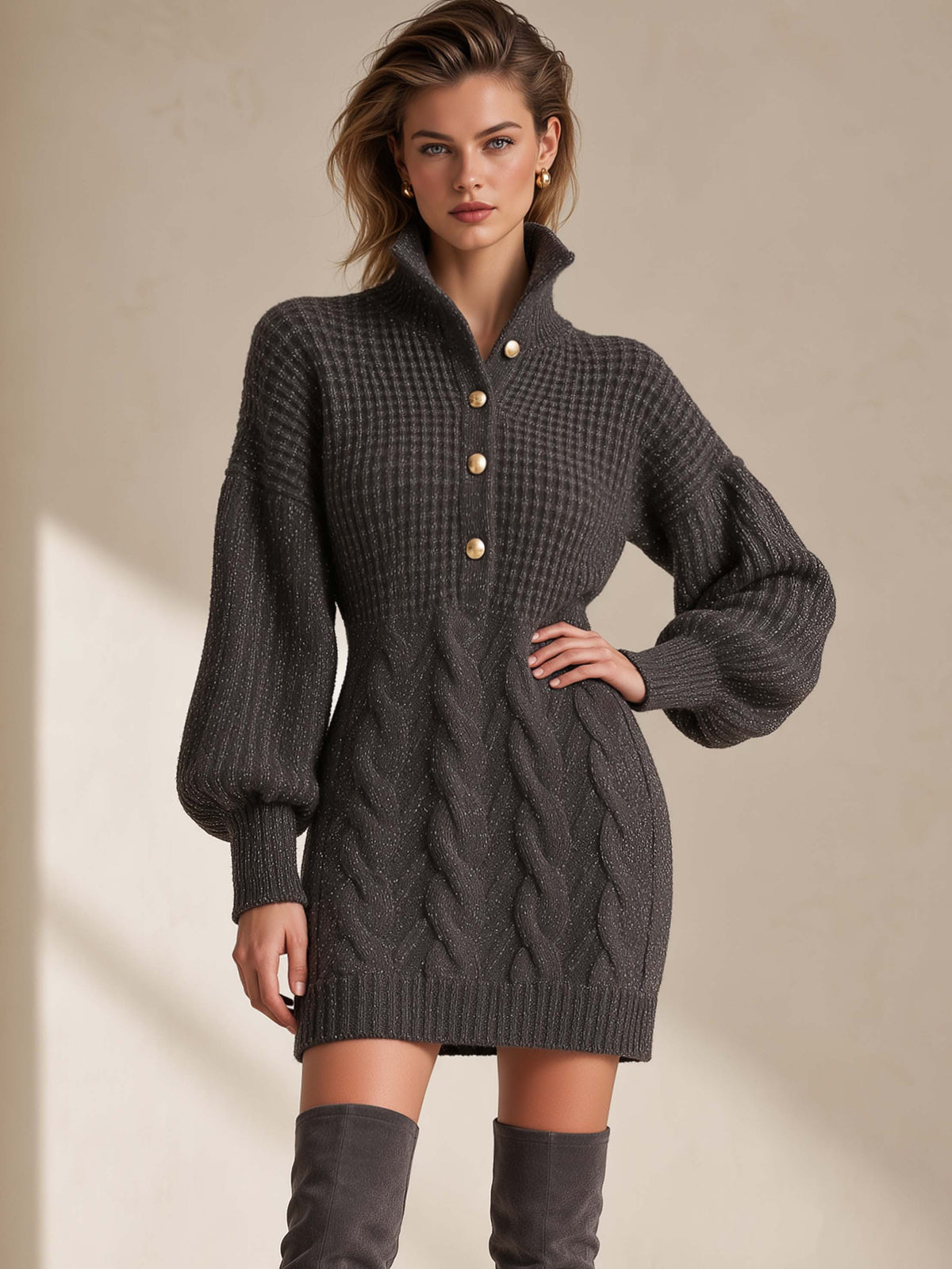 Cable Knit Sweater Dress With Gold Button Stand Collar And Balloon Sleeves