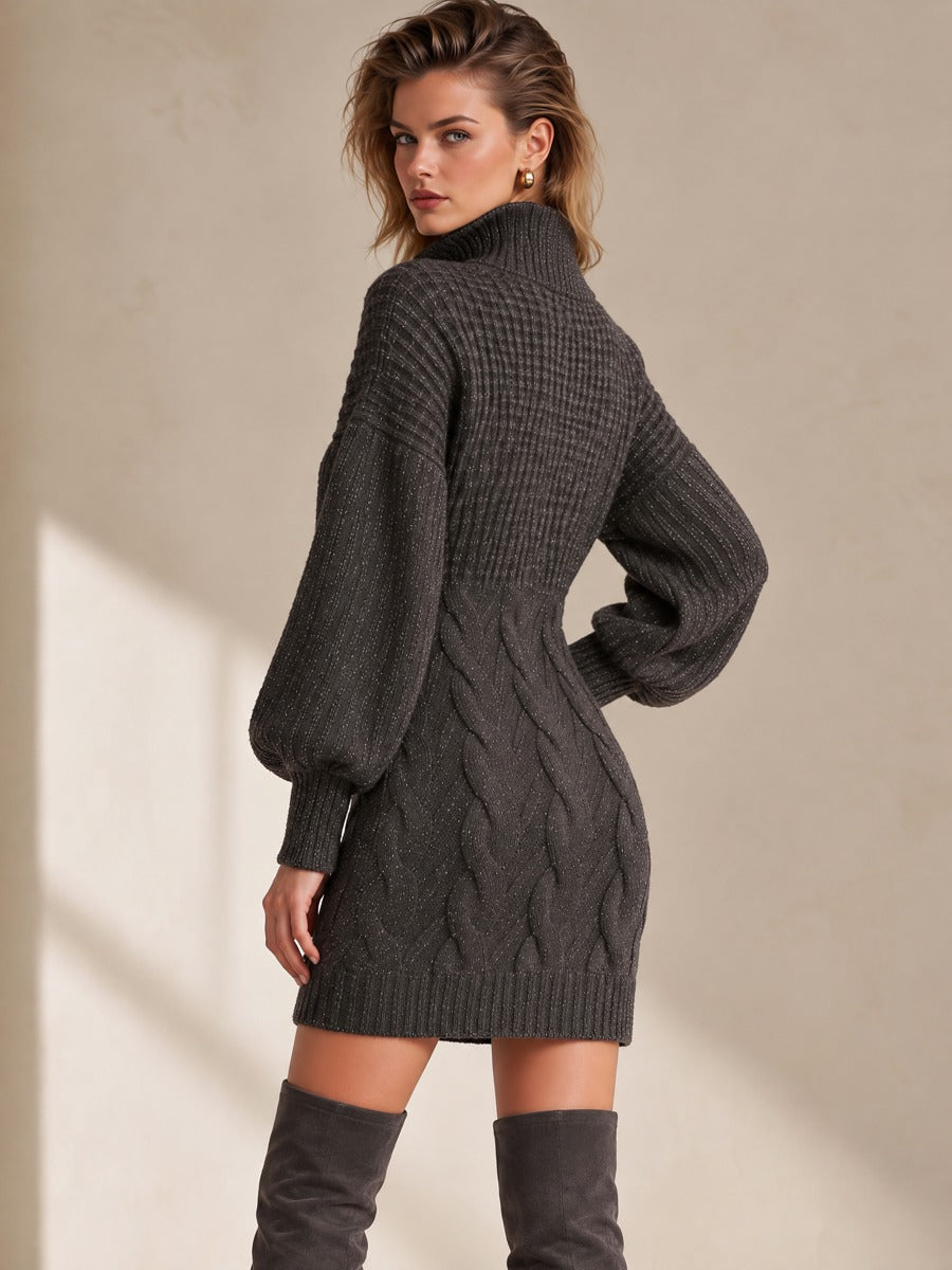 Cable Knit Sweater Dress With Gold Button Stand Collar And Balloon Sleeves