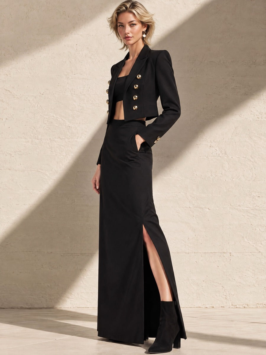 Gold Double Breasted Cropped Blazer & Slit Maxi Skirt Set