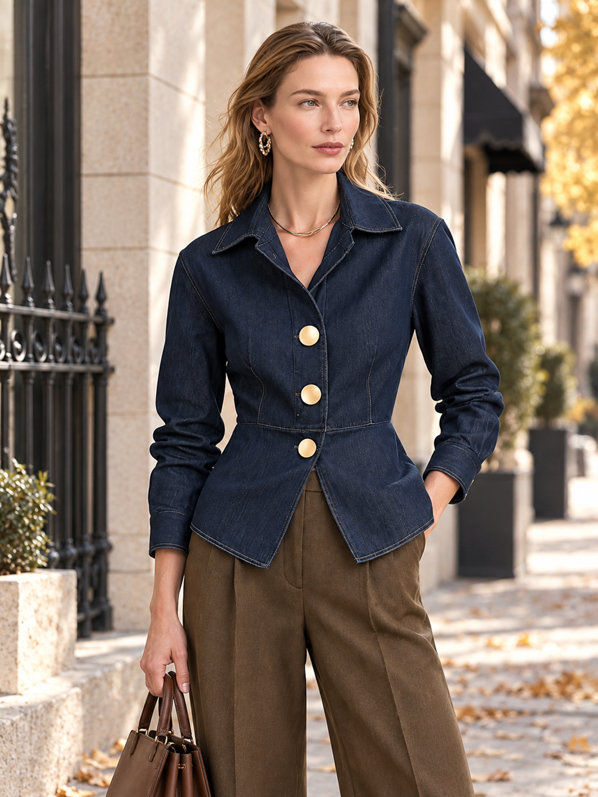Elegant Navy Blue Denim Shirt With Gold-Tone Contrast Buttons