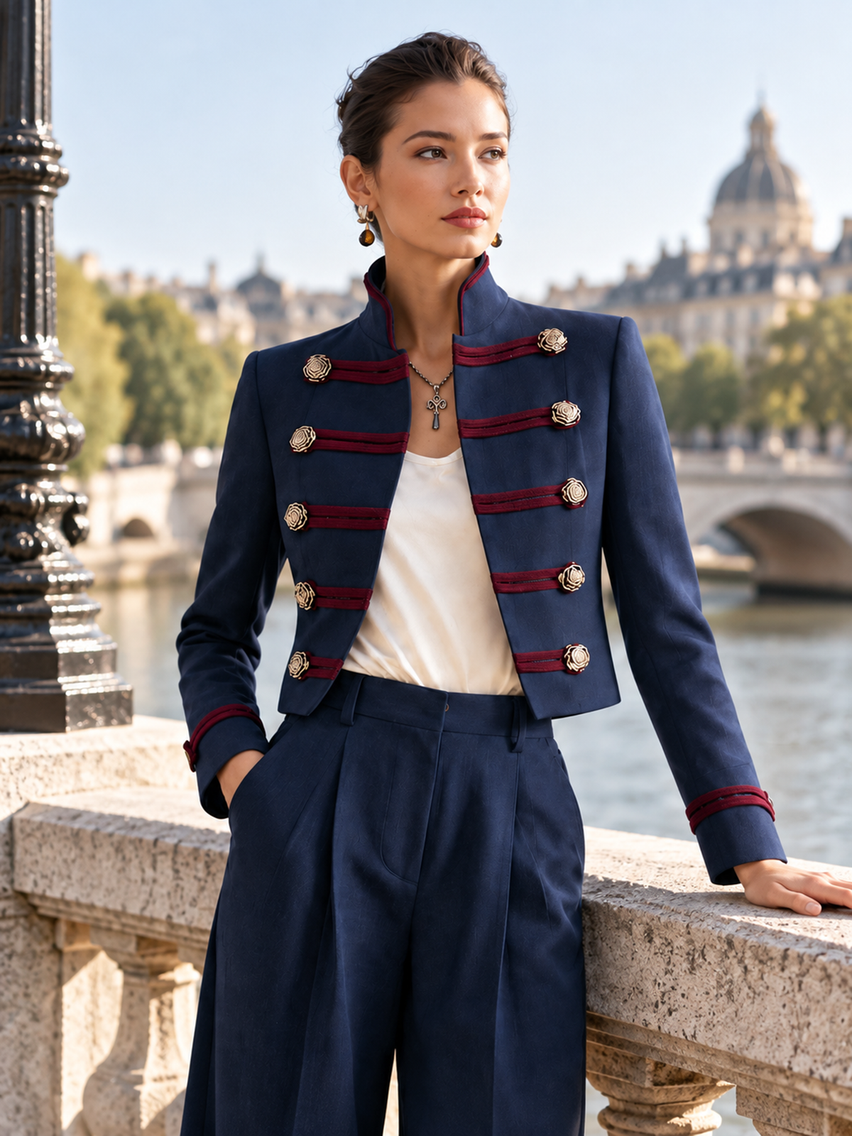 Elegant Navy & Burgundy Contrast Military Jacket With Gold-Tone Double-Breasted Buttons