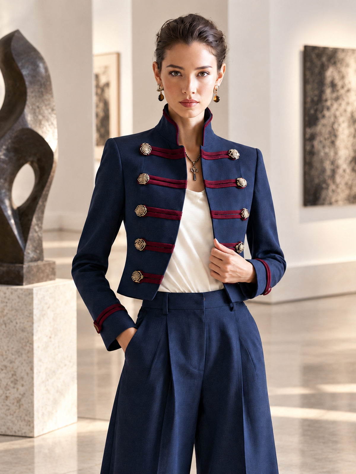 Elegant Navy & Burgundy Contrast Military Jacket With Gold-Tone Double-Breasted Buttons