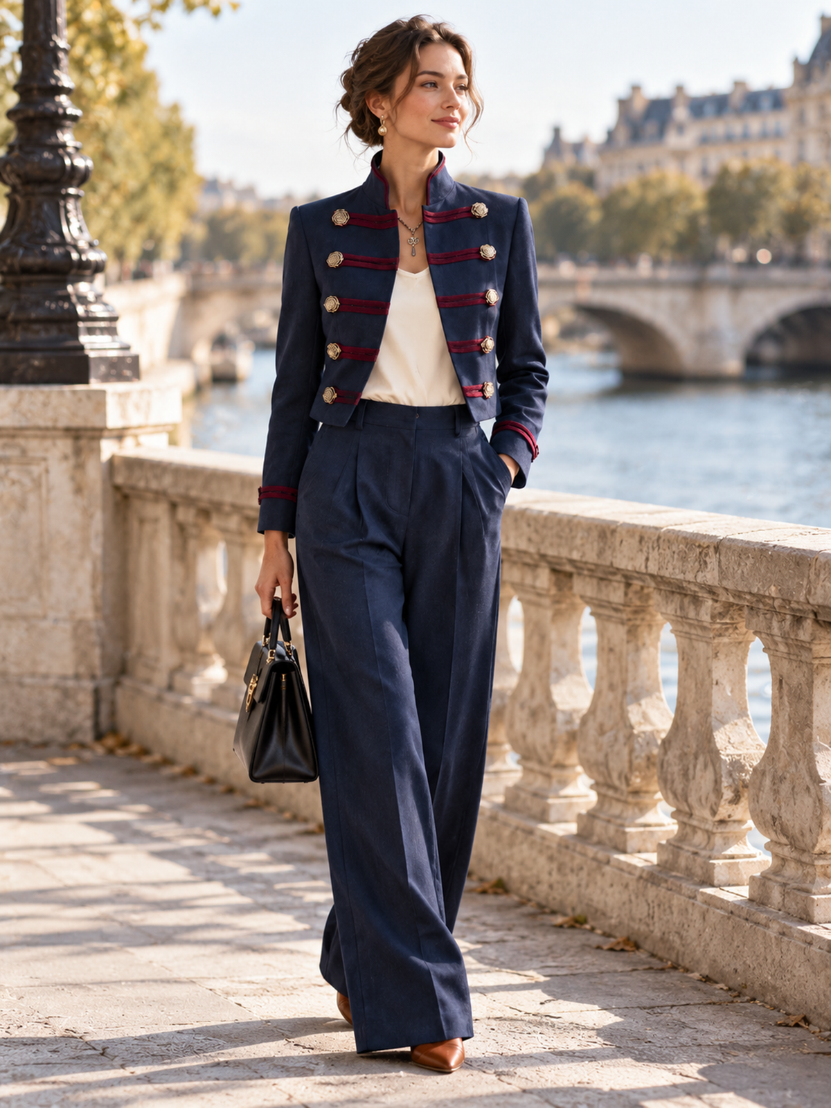 Elegant Navy Tailored High-Waist Wide-Leg Trousers