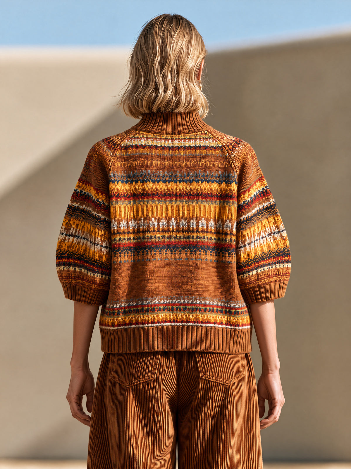 Brown Fair Isle Half-Zip Sweater With Puff Elbow Sleeves