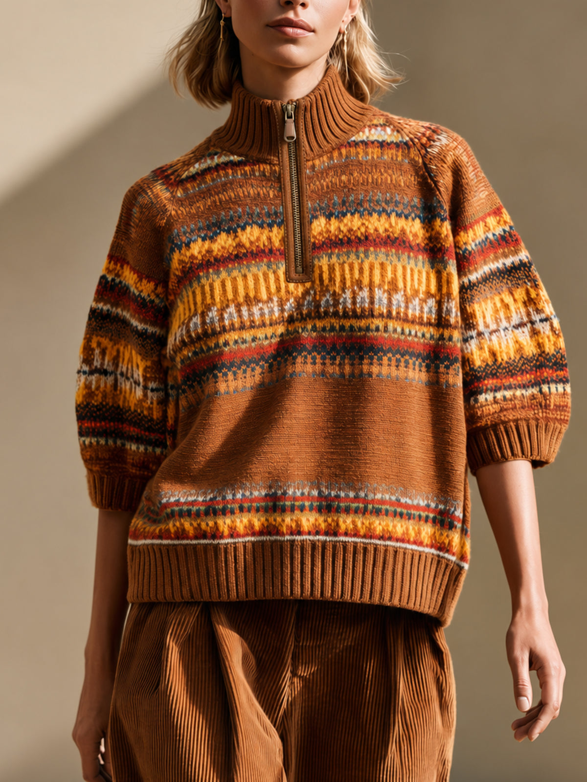 Brown Fair Isle Half-Zip Sweater With Puff Elbow Sleeves