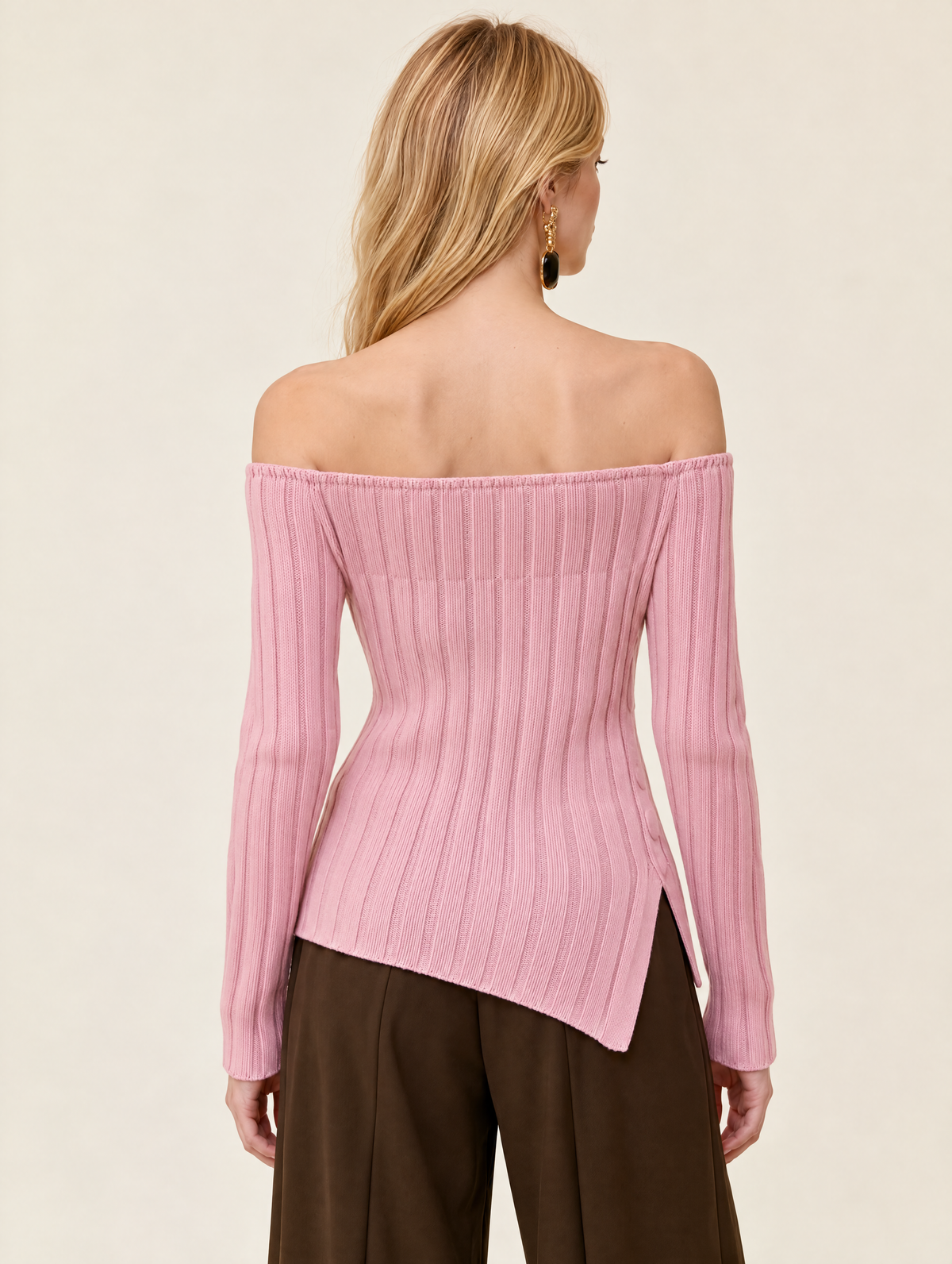 Pink Ribbed Knit Off-Shoulder Top With Side Button Detail
