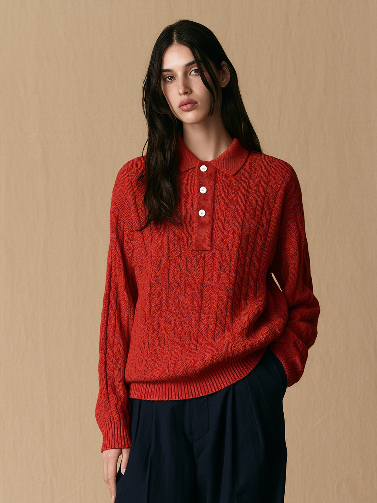 Red Cable Knit Polo Sweater With Contrast Button Placket
