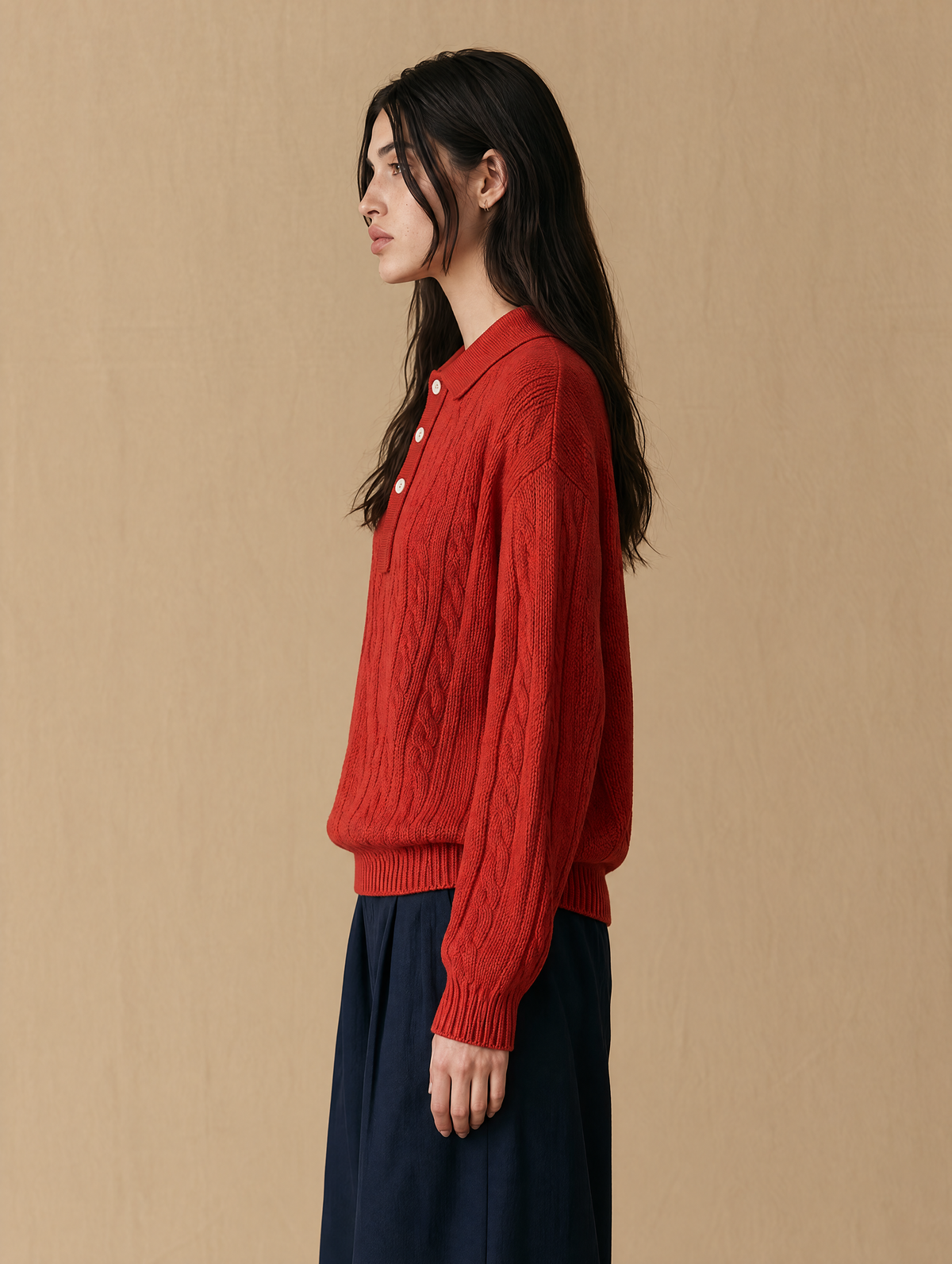Red Cable Knit Polo Sweater With Contrast Button Placket