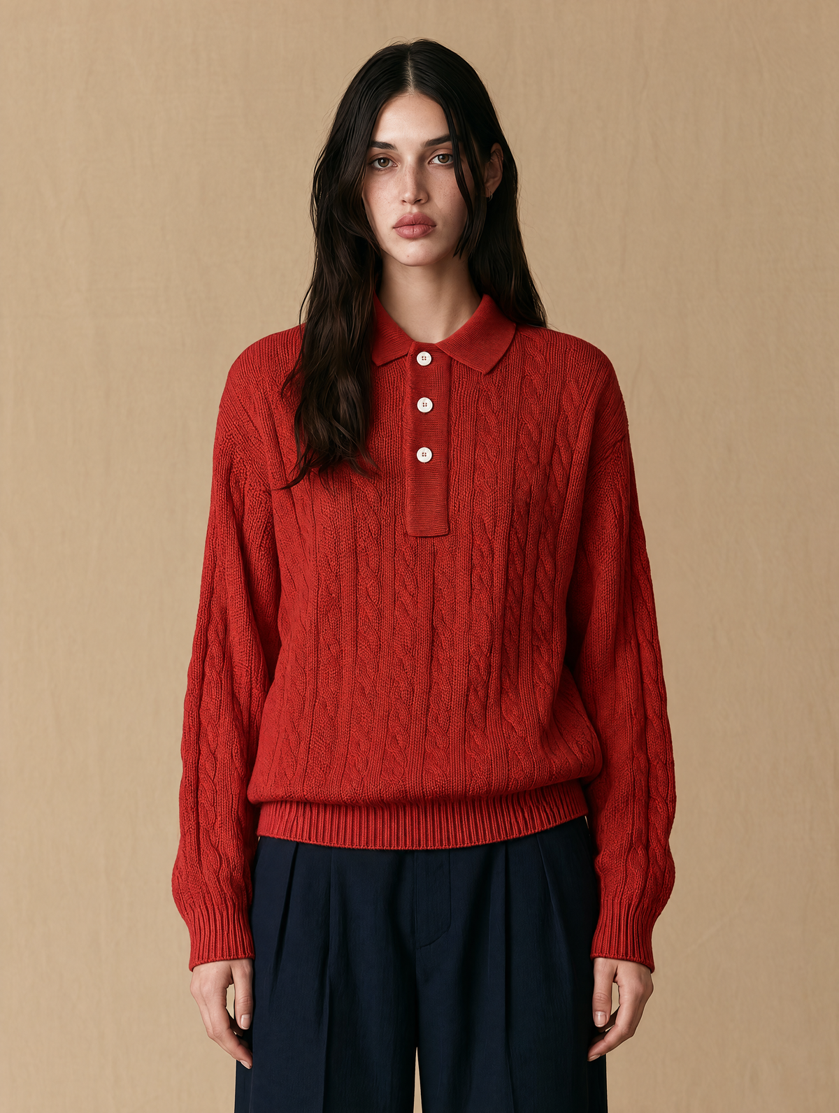 Red Cable Knit Polo Sweater With Contrast Button Placket