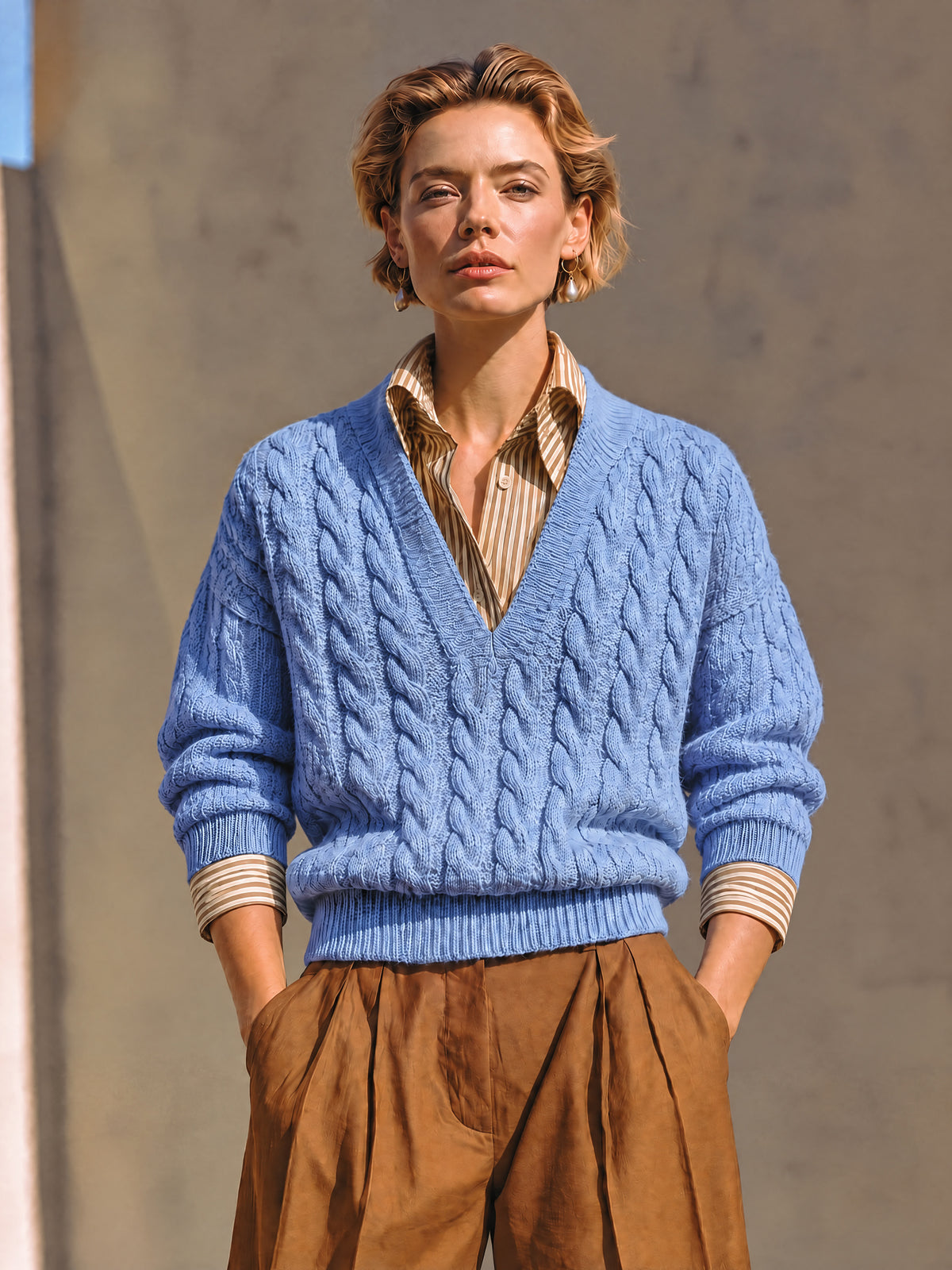 Blue Cable Knit V-Neck Sweater With Contrast Striped Shirt Mock Two-Piece