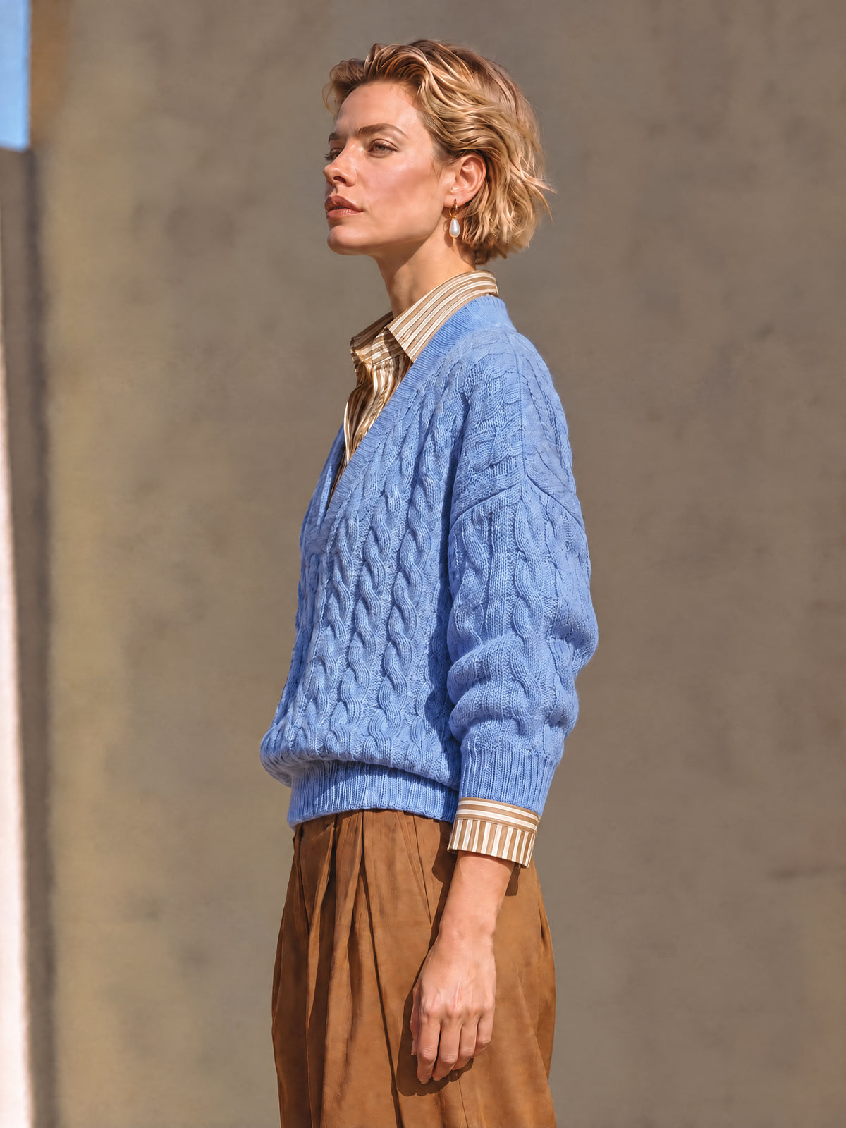 Blue Cable Knit V-Neck Sweater With Contrast Striped Shirt Mock Two-Piece