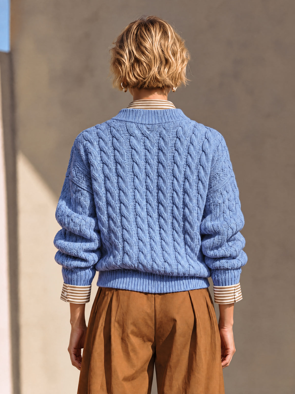 Blue Cable Knit V-Neck Sweater With Contrast Striped Shirt Mock Two-Piece