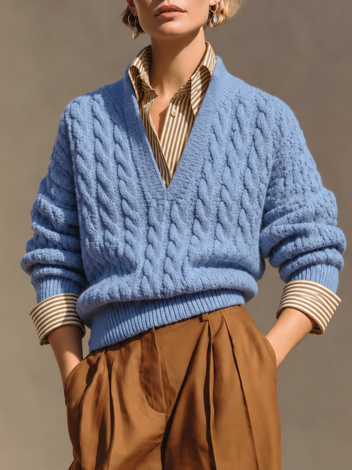 Blue Cable Knit V-Neck Sweater With Contrast Striped Shirt Mock Two-Piece