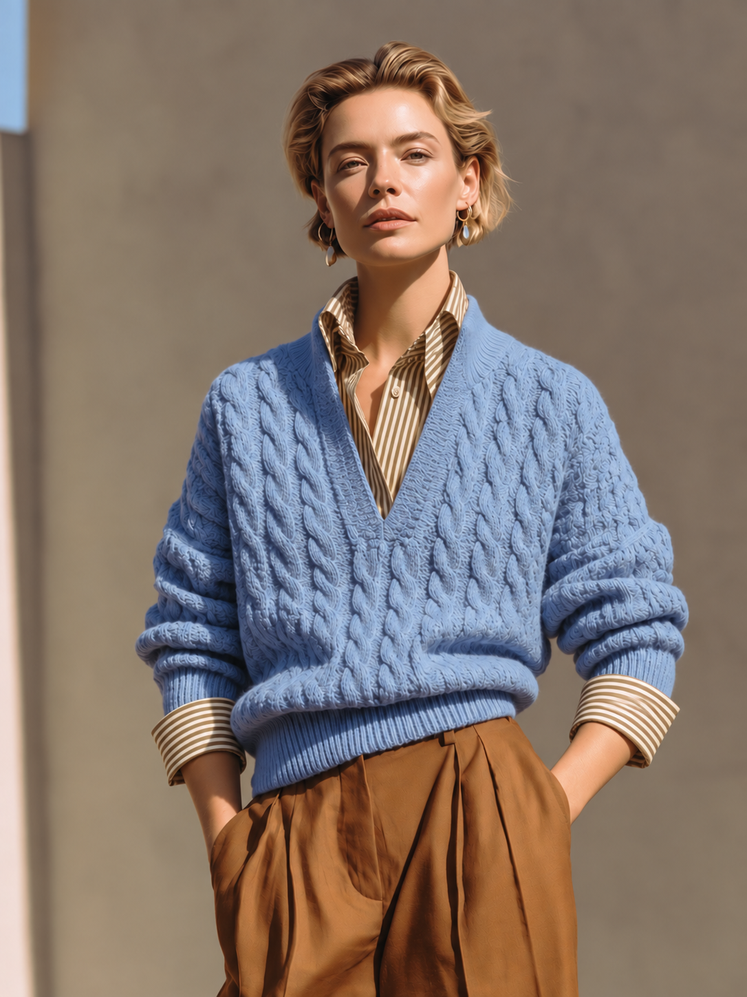 Blue Cable Knit V-Neck Sweater With Contrast Striped Shirt Mock Two-Piece