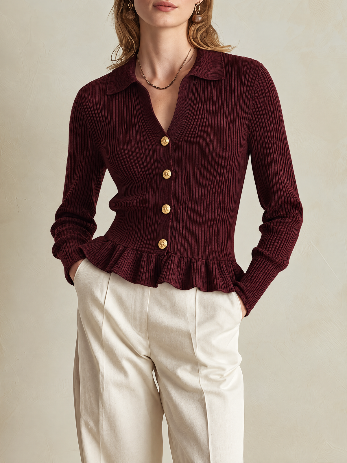 Elegant Burgundy Wool Knit Cardigan With Polo Collar & Ruffled Hem