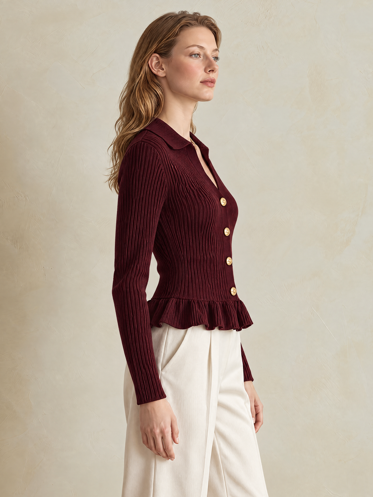 Elegant Burgundy Wool Knit Cardigan With Polo Collar & Ruffled Hem