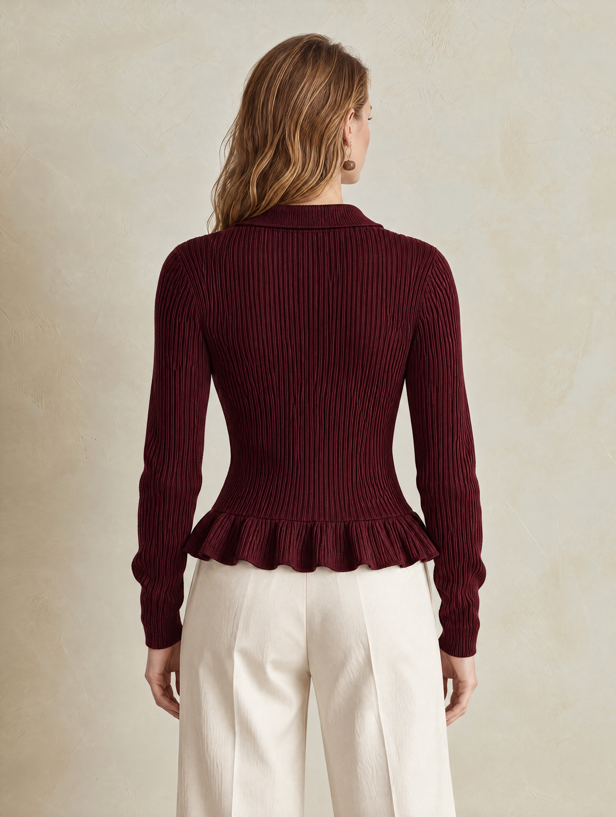Elegant Burgundy Wool Knit Cardigan With Polo Collar & Ruffled Hem