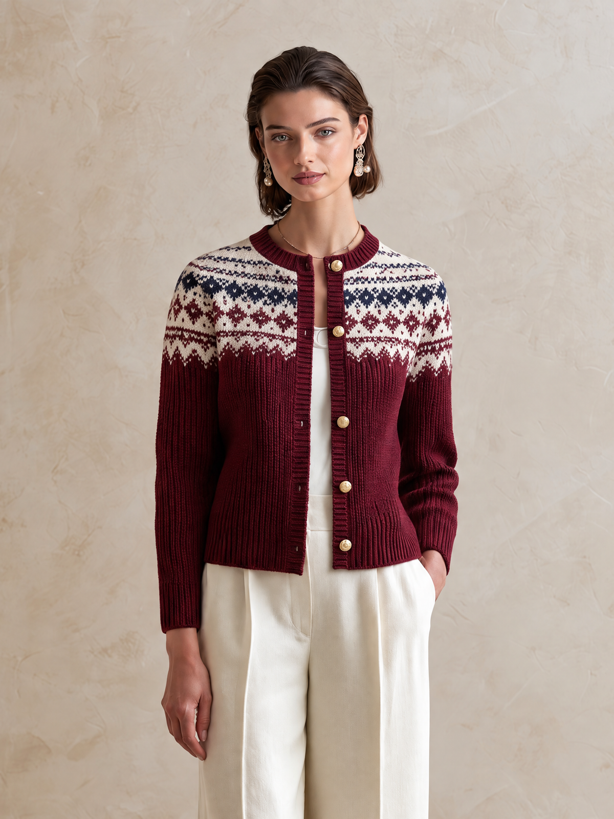 Elegant Burgundy Fair Isle Contrast Jacquard Wool Knit Cardigan
