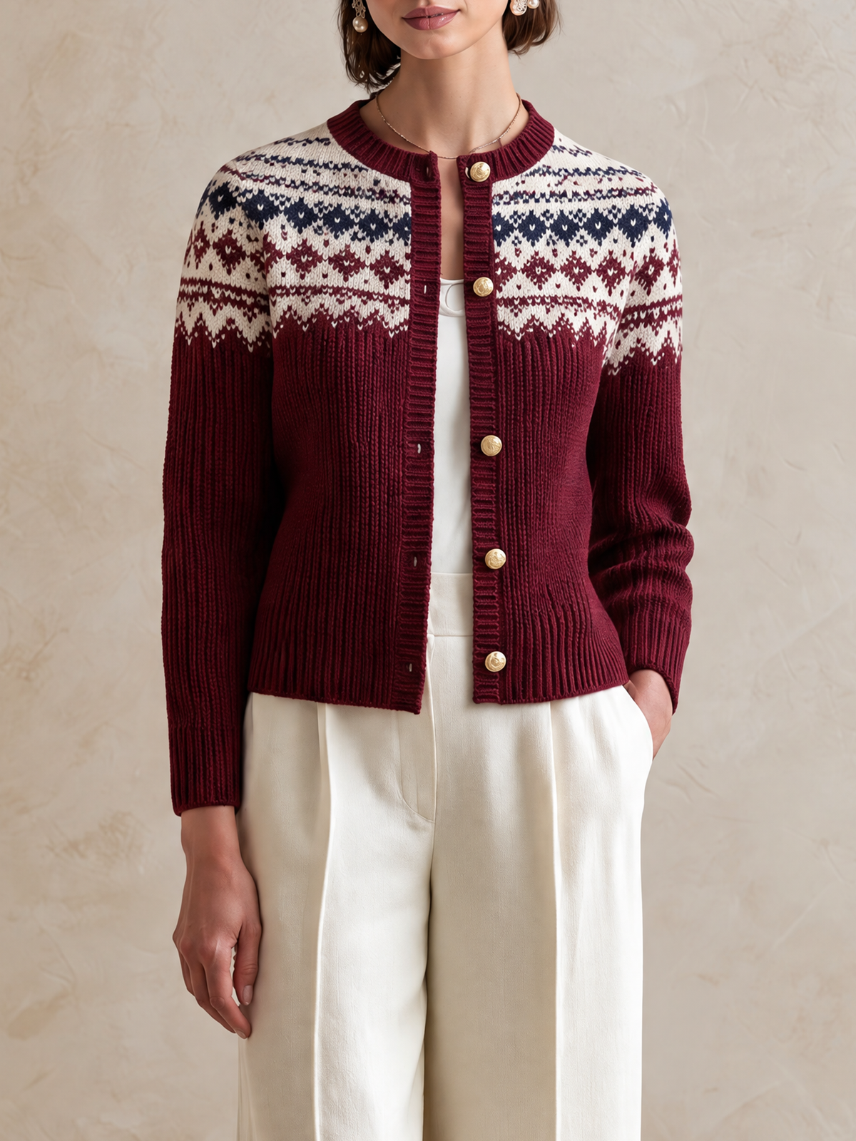 Elegant Burgundy Fair Isle Contrast Jacquard Wool Knit Cardigan