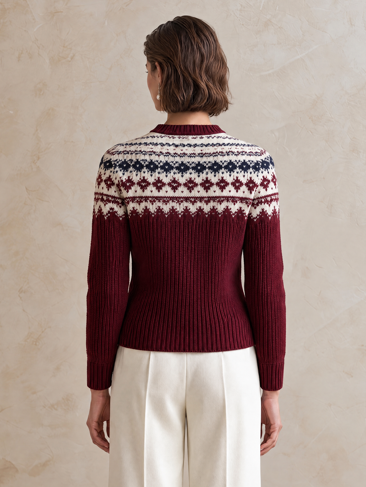 Elegant Burgundy Fair Isle Contrast Jacquard Wool Knit Cardigan