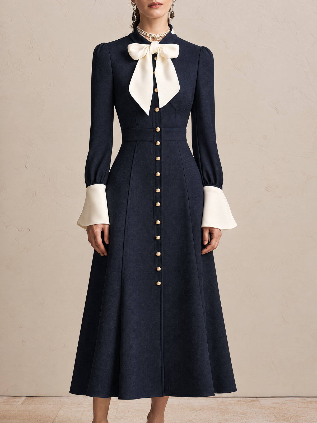 Elegant Navy & Ivory Contrast Bow-Neck Midi Dress