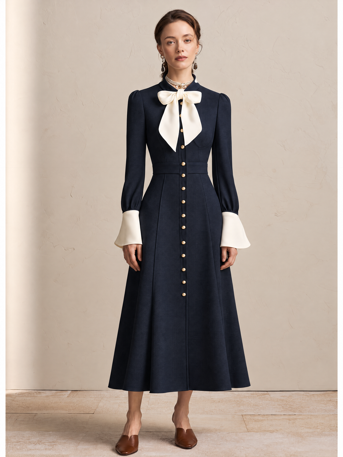 Elegant Navy & Ivory Contrast Bow-Neck Midi Dress