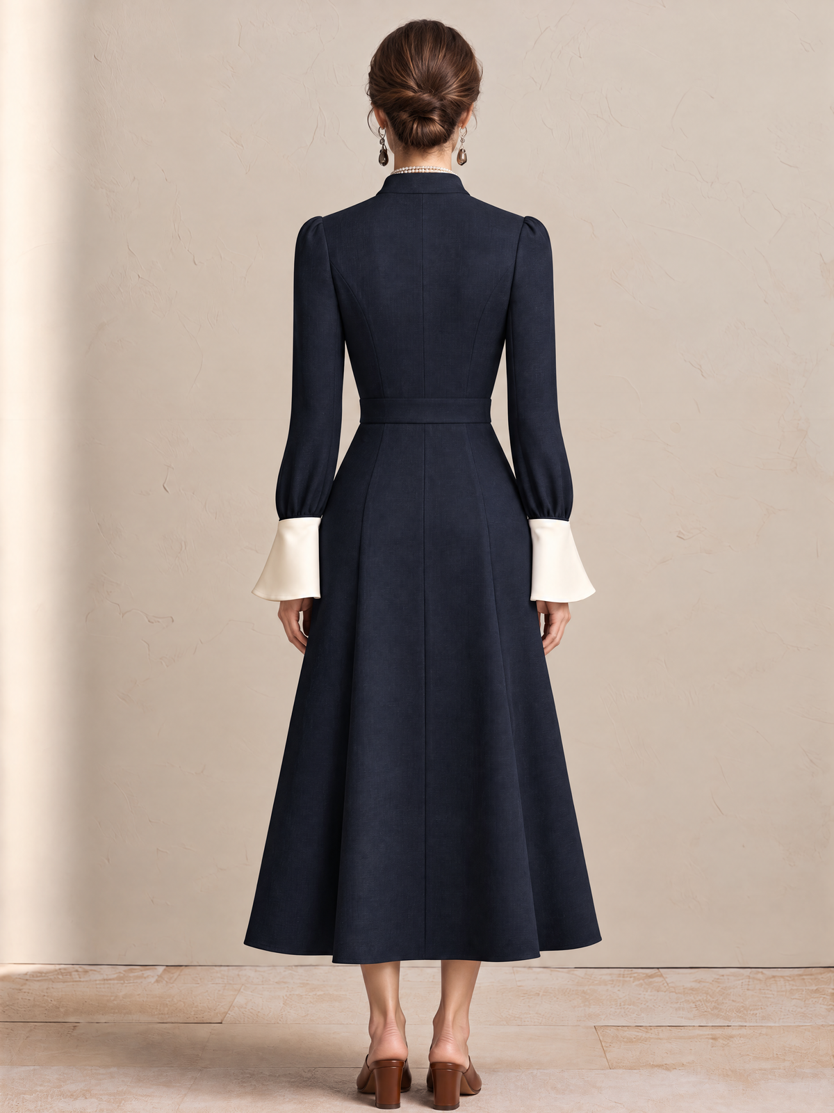 Elegant Navy & Ivory Contrast Bow-Neck Midi Dress