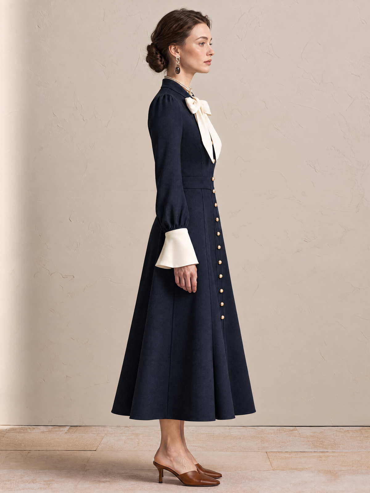 Elegant Navy & Ivory Contrast Bow-Neck Midi Dress