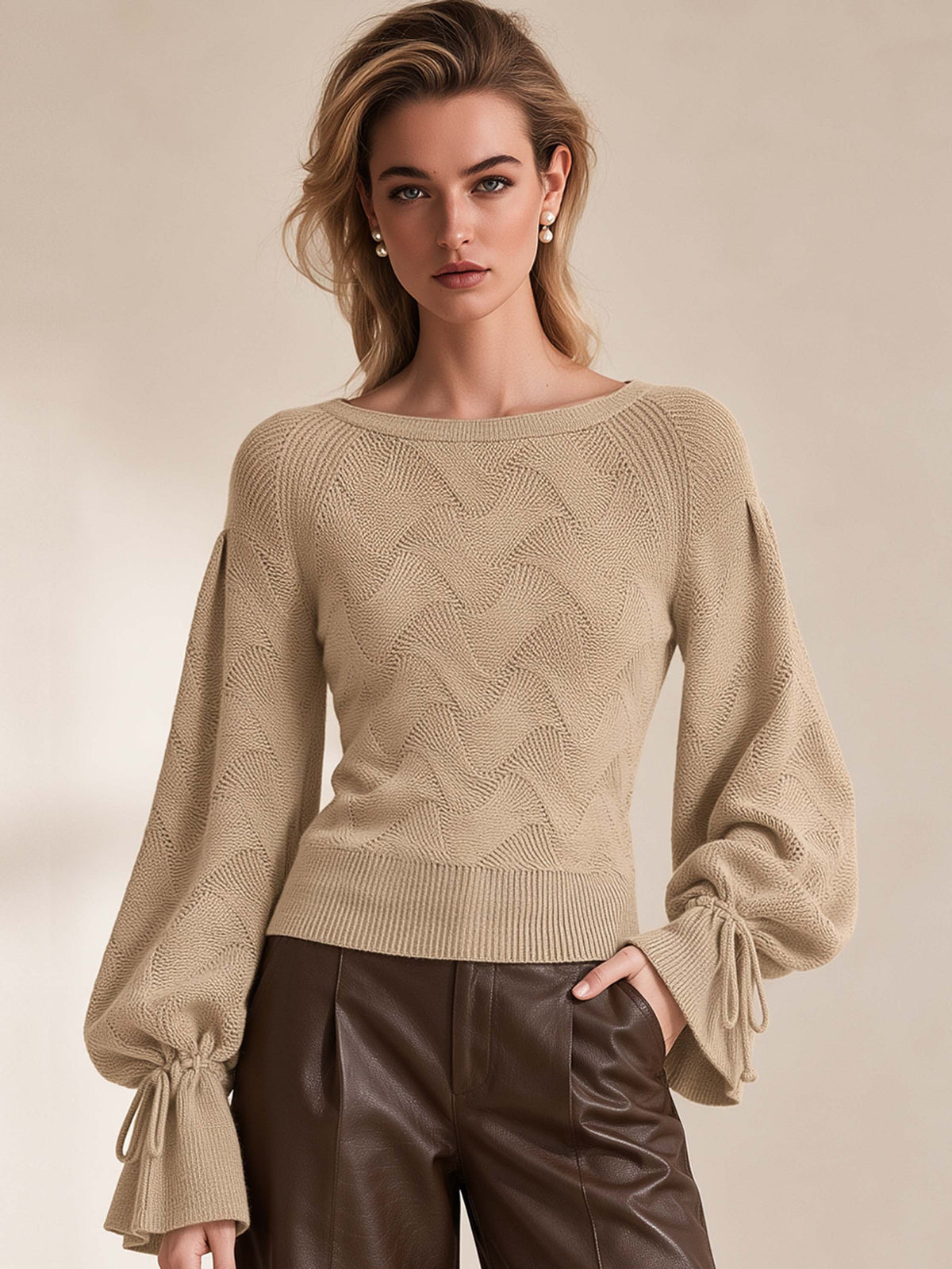 Oatmeal Boat Neck Cable Knit Drawstring Lantern Sleeve Sweater