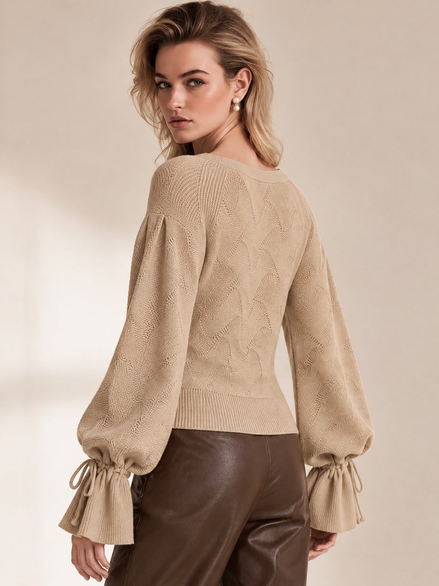 Oatmeal Boat Neck Cable Knit Drawstring Lantern Sleeve Sweater