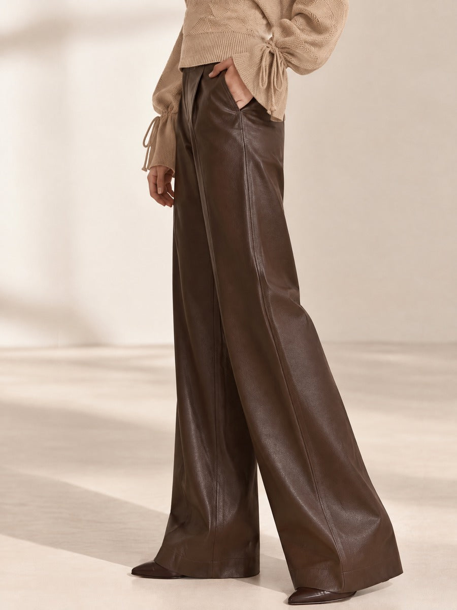 Dark Brown High Waist Pleated Wide Leg Trousers