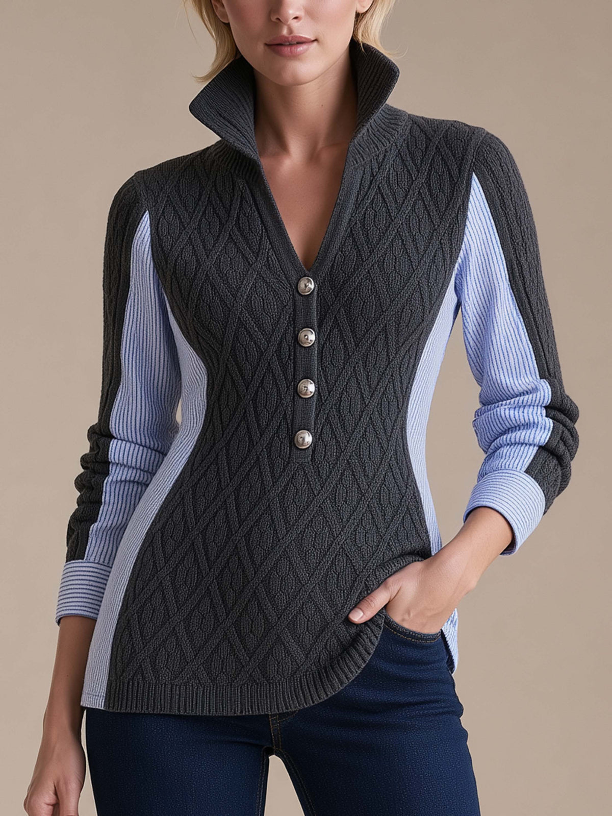 Dark Grey Cable Knit Striped Panel Collar Waist Sweater