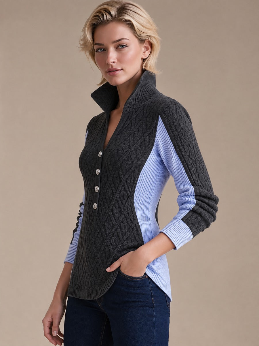 Dark Grey Cable Knit Striped Panel Collar Waist Sweater