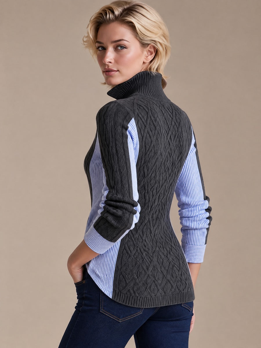 Dark Grey Cable Knit Striped Panel Collar Waist Sweater