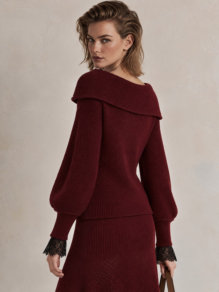 Burgundy Fold Neck Lace Trim Lantern Knit