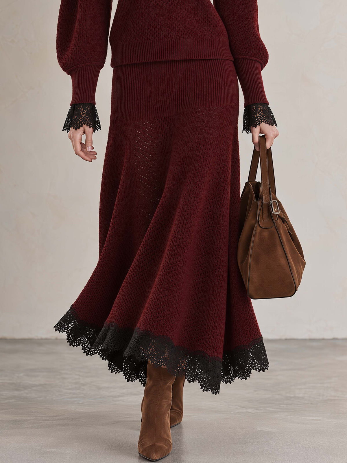 Burgundy Openwork Knit Midi Skirt With Black Lace Trim