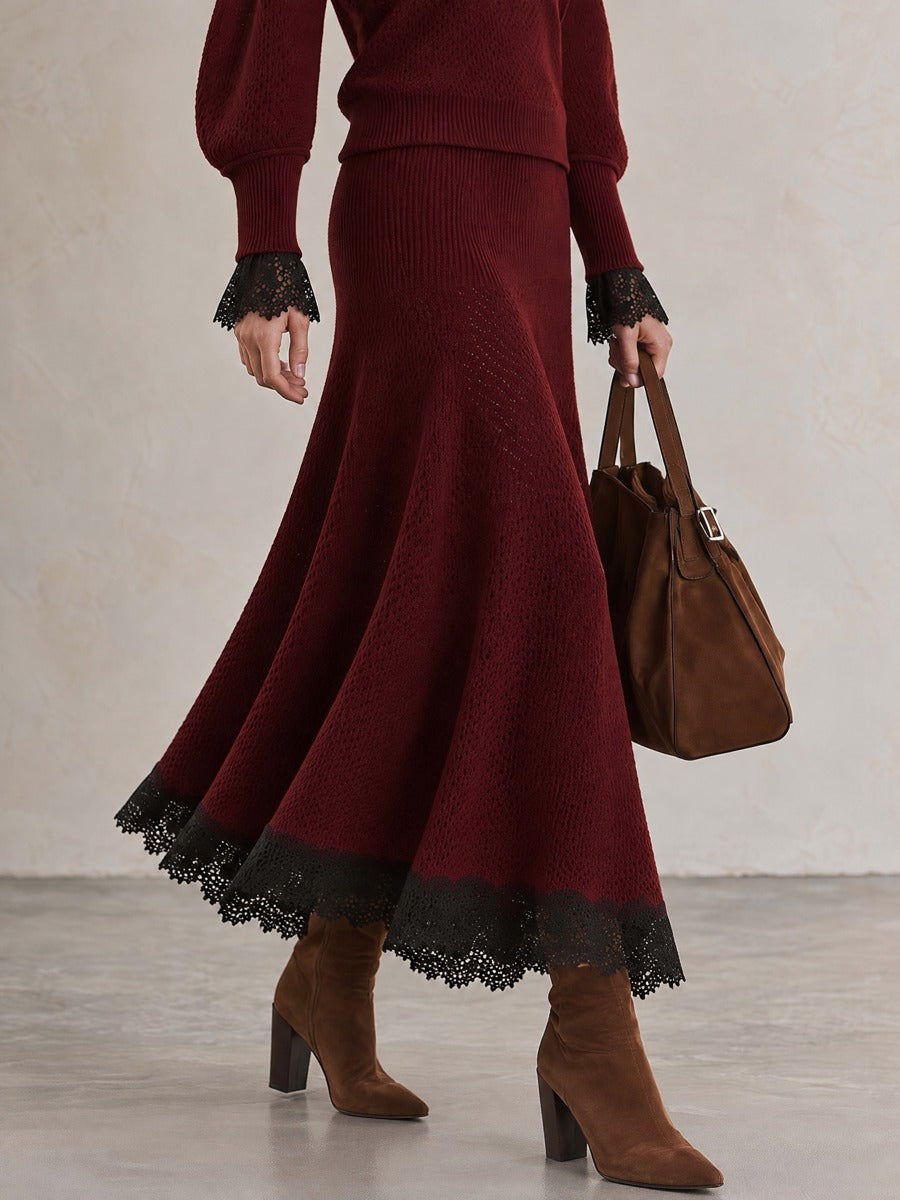 Burgundy Openwork Knit Midi Skirt With Black Lace Trim