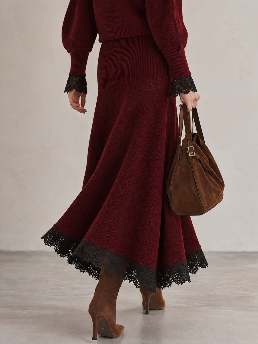 Burgundy Openwork Knit Midi Skirt With Black Lace Trim