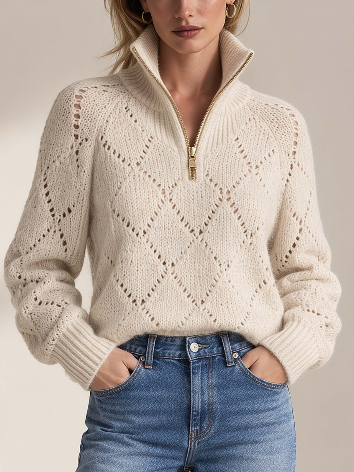Oatmeal Diamond Eyelet Half Zip Turtleneck Relaxed Knit Sweater