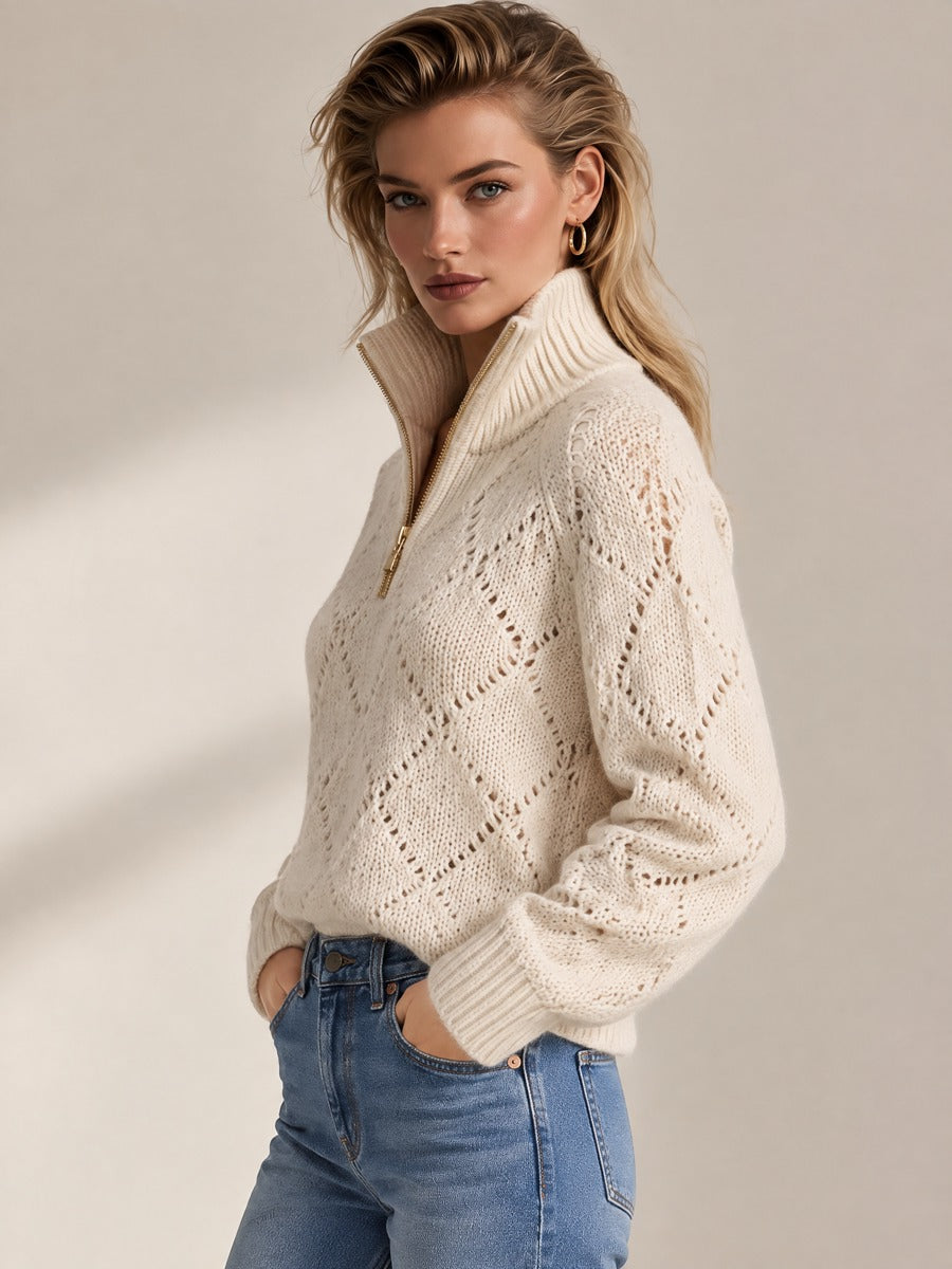 Oatmeal Diamond Eyelet Half Zip Turtleneck Relaxed Knit Sweater