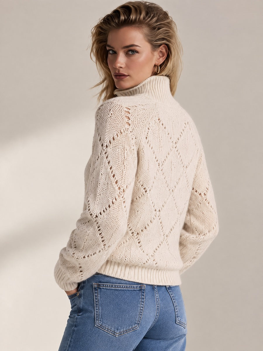 Oatmeal Diamond Eyelet Half Zip Turtleneck Relaxed Knit Sweater