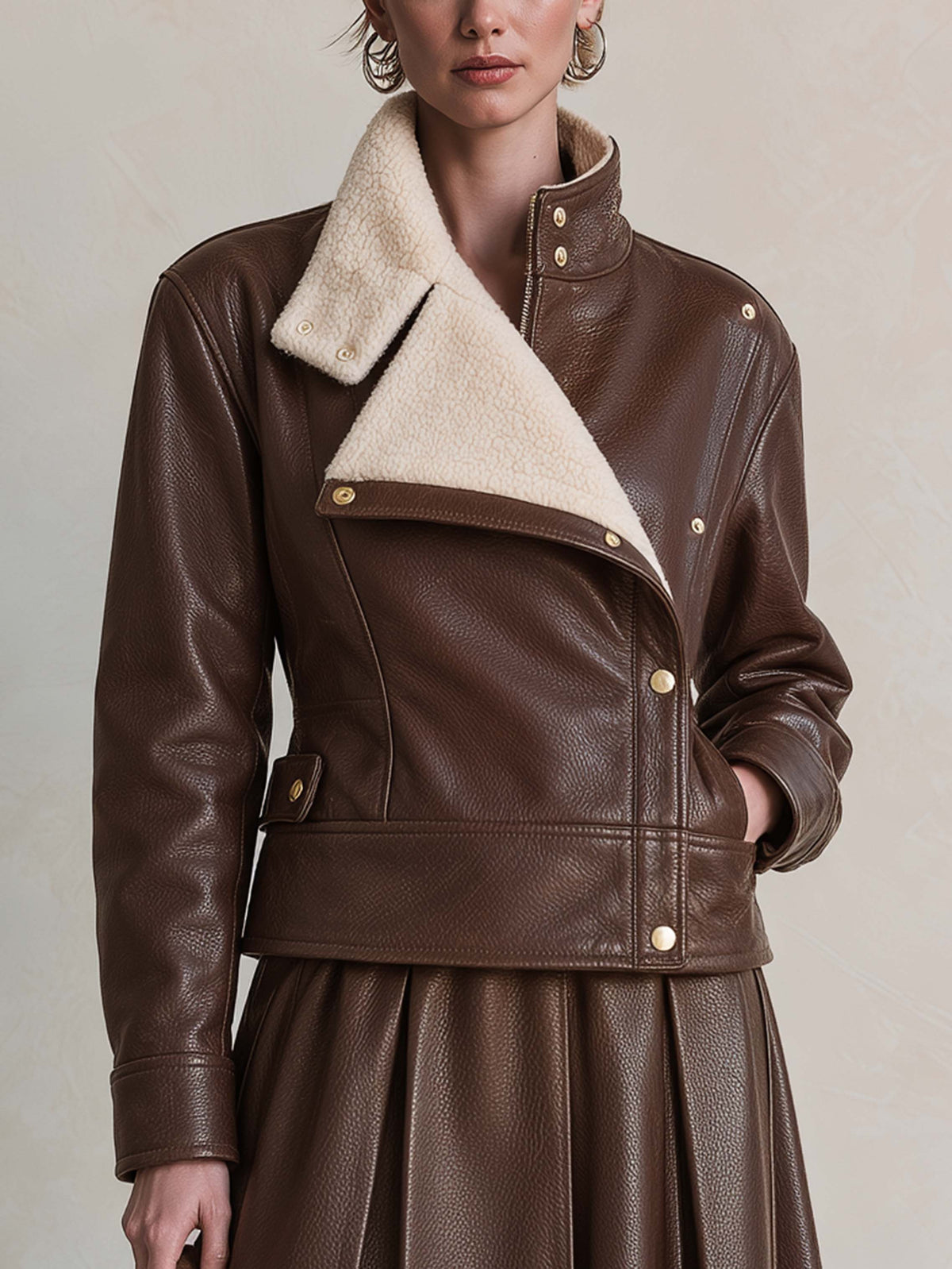 Brown Leather Cream Shearling Cropped Jacket