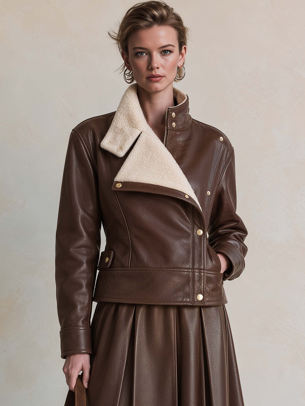 Brown Leather Cream Shearling Cropped Jacket