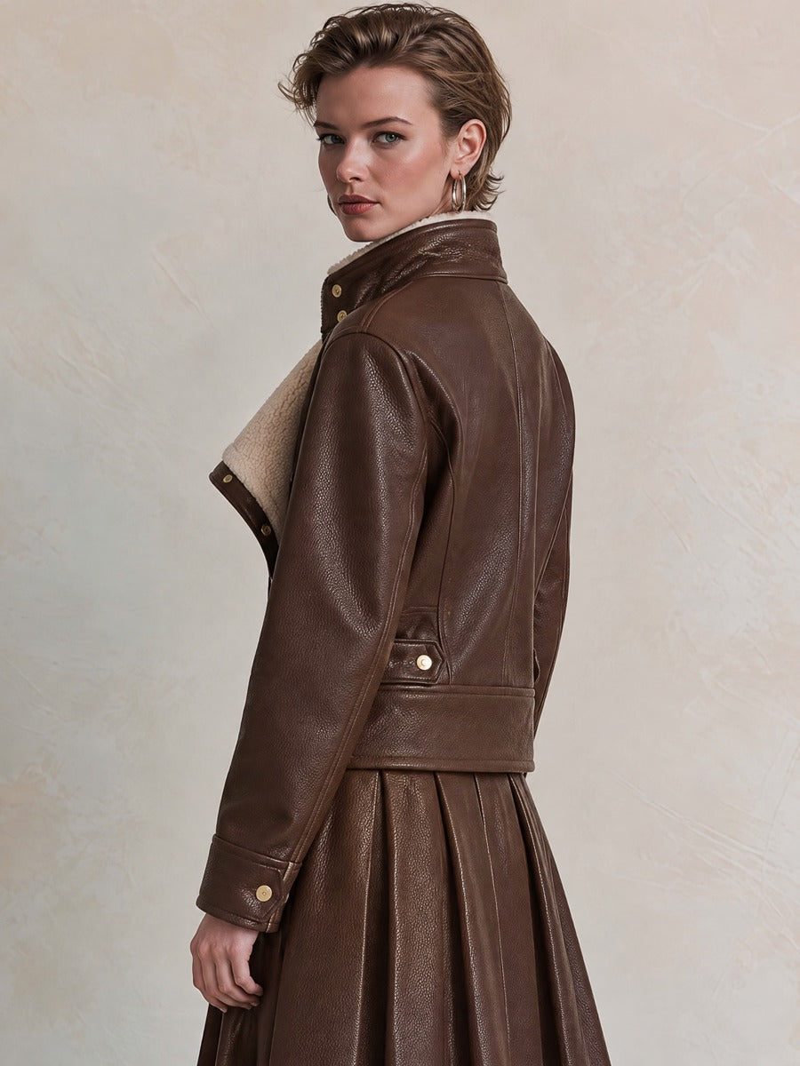 Brown Leather Cream Shearling Cropped Jacket