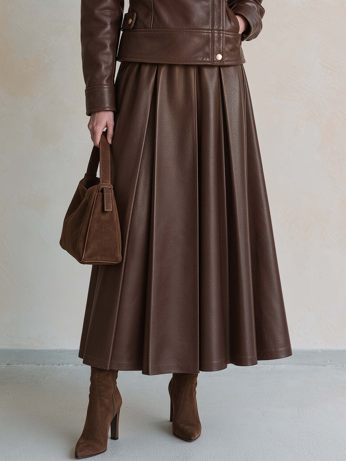 Dark Brown PU Pleated Draped Midi Skirt