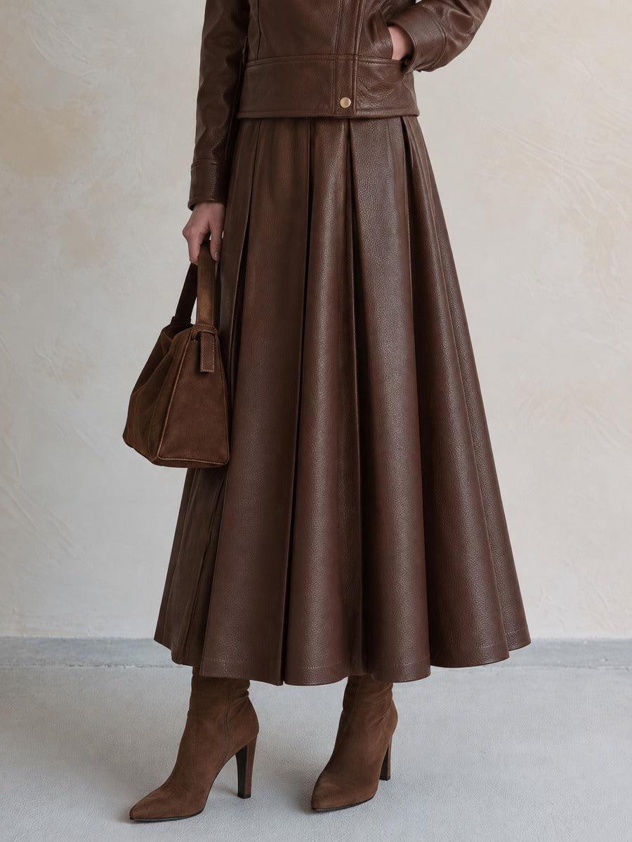 Dark Brown PU Pleated Draped Midi Skirt