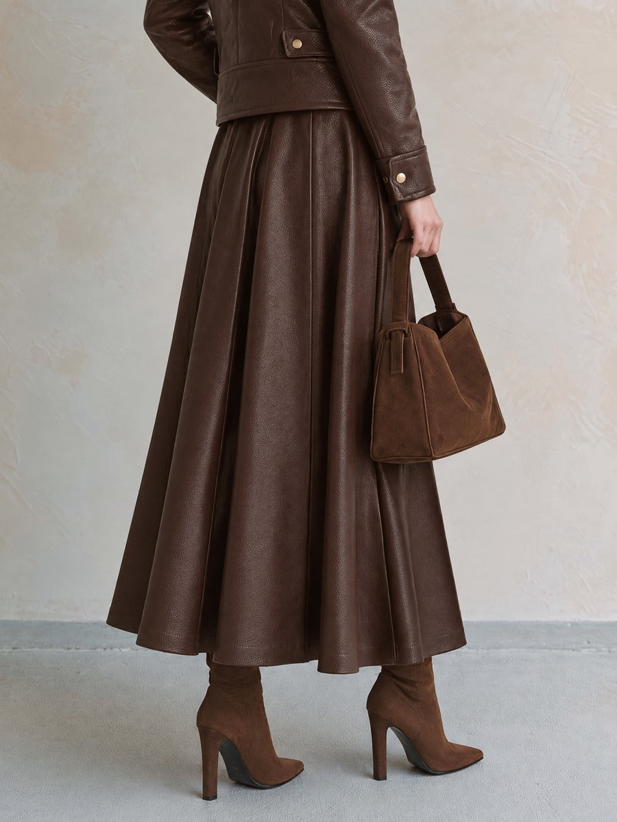 Dark Brown PU Pleated Draped Midi Skirt